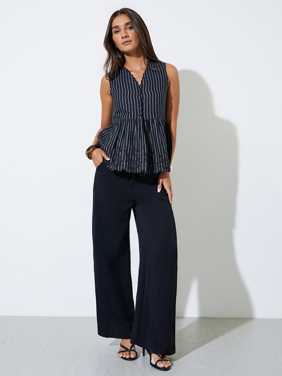 Black Striped Embroidered Sleeveless Peplum Top