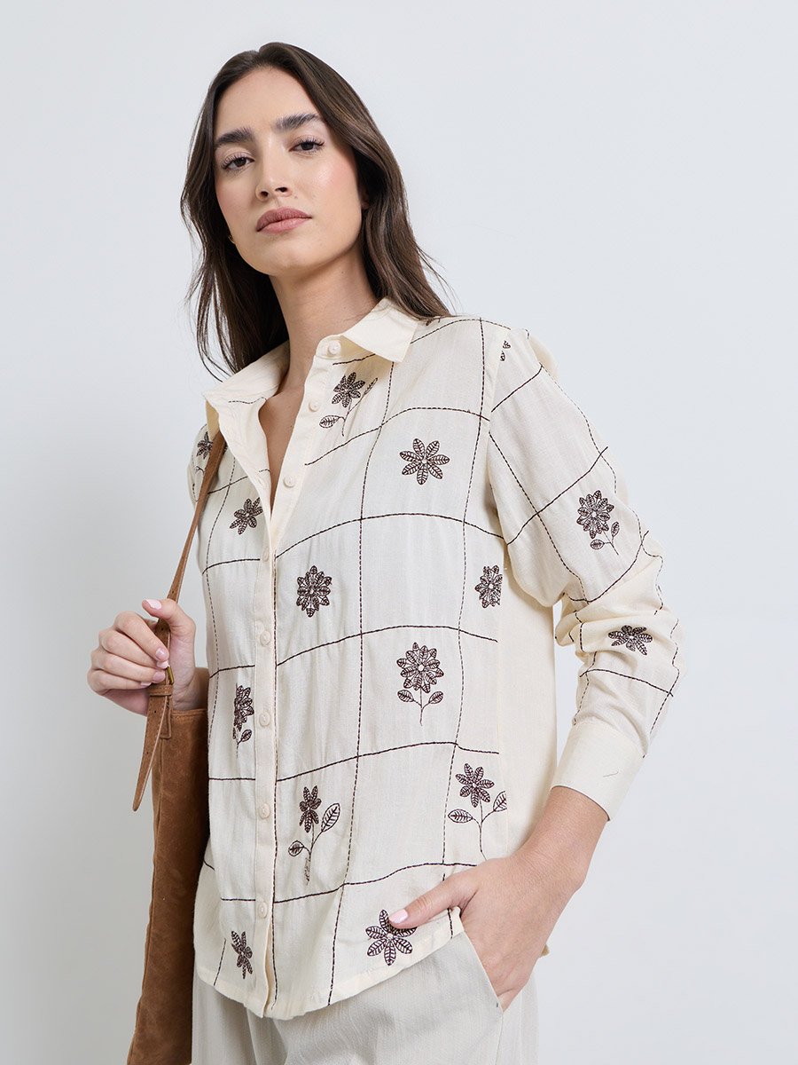 Off White Embroidered Long Sleeve Shirt