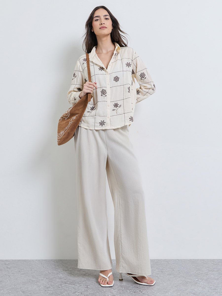 Off White Embroidered Long Sleeve Shirt
