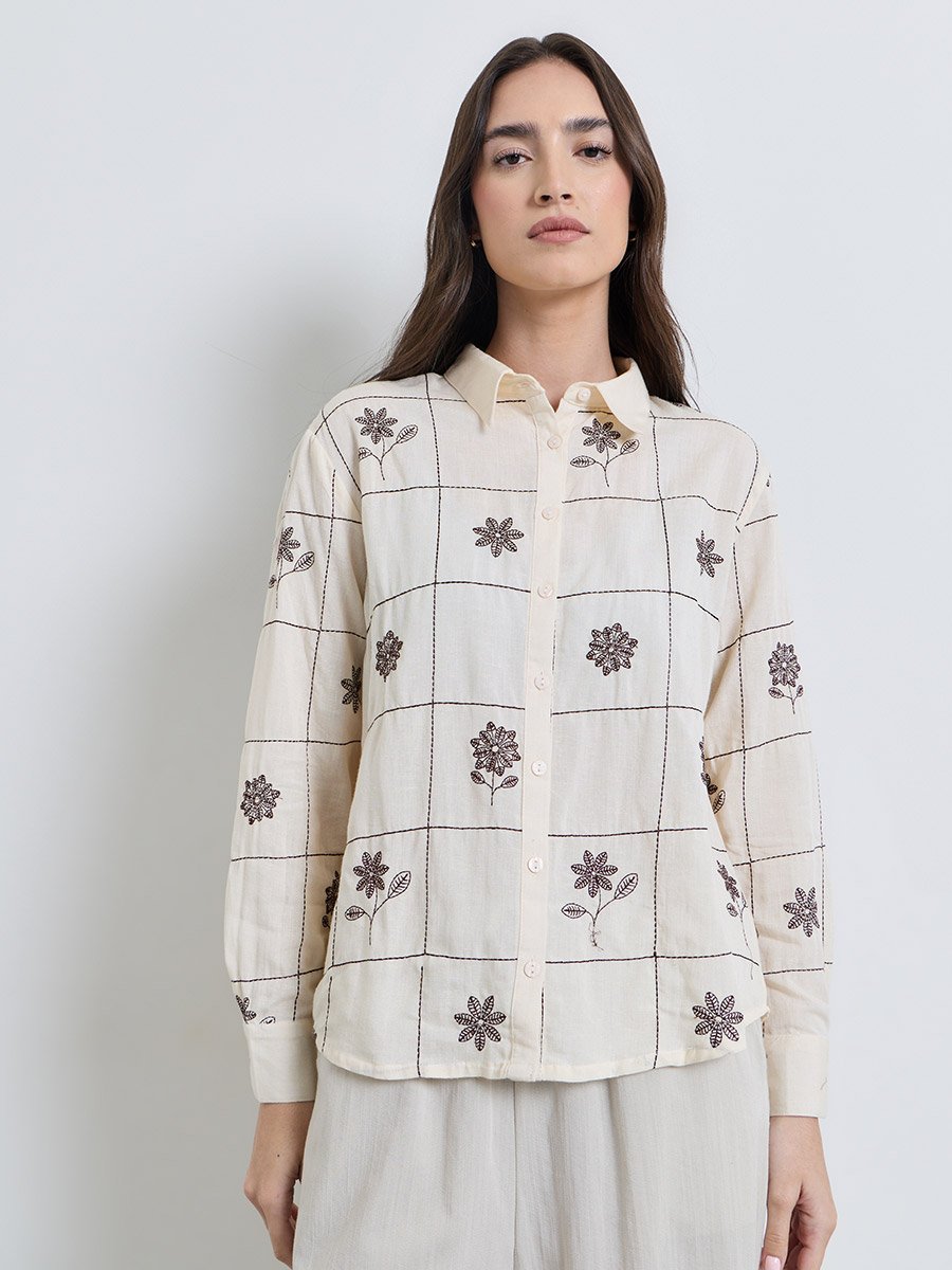 Off White Embroidered Long Sleeve Shirt