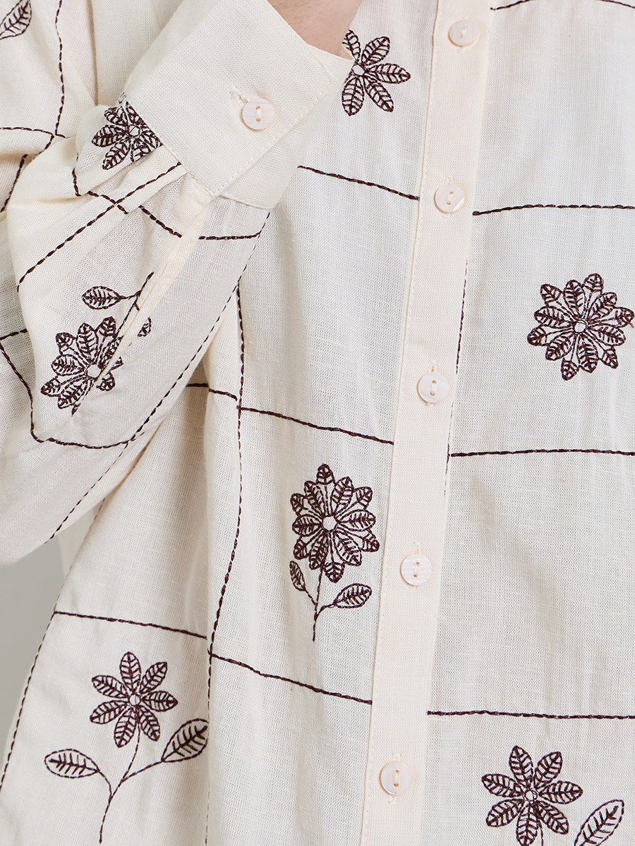 Off White Embroidered Long Sleeve Shirt