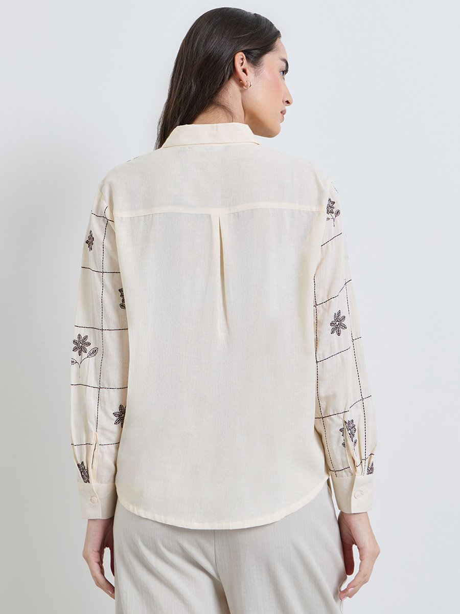 Off White Embroidered Long Sleeve Shirt