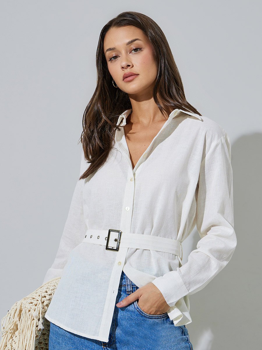 Off White Solid Long Sleeves Oversized Shirt with Fabric Belt