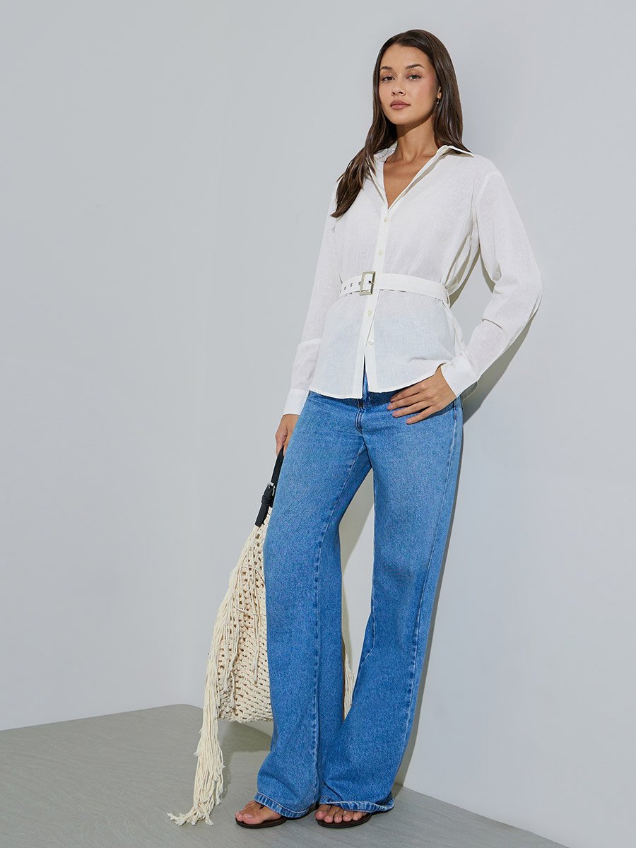 Off White Solid Long Sleeves Oversized Shirt with Fabric Belt