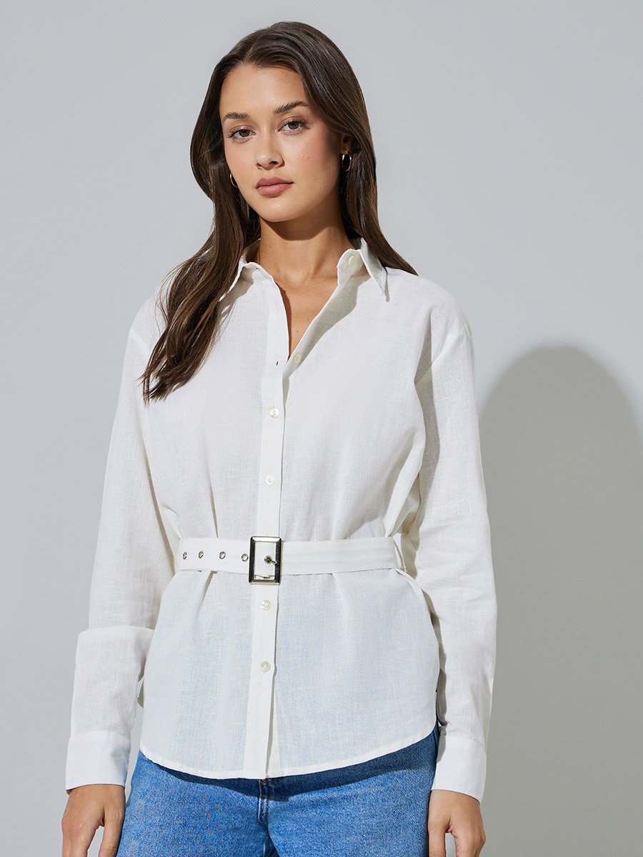 Off White Solid Long Sleeves Oversized Shirt with Fabric Belt