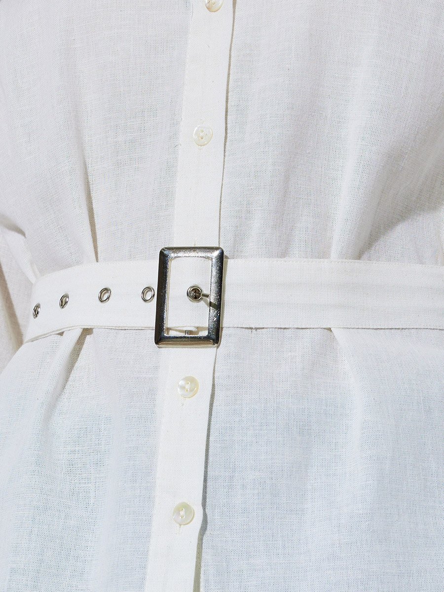 Off White Solid Long Sleeves Oversized Shirt with Fabric Belt