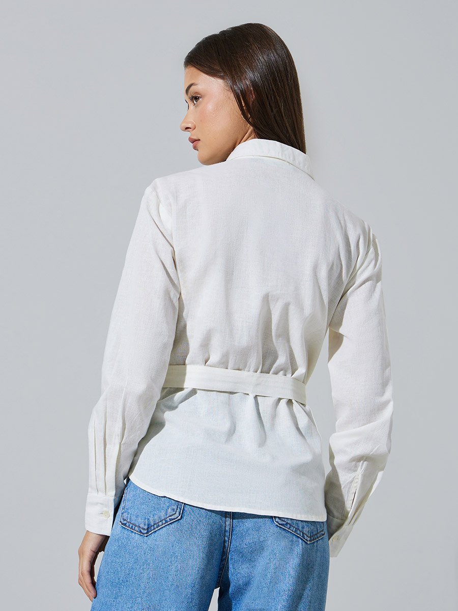 Off White Solid Long Sleeves Oversized Shirt with Fabric Belt