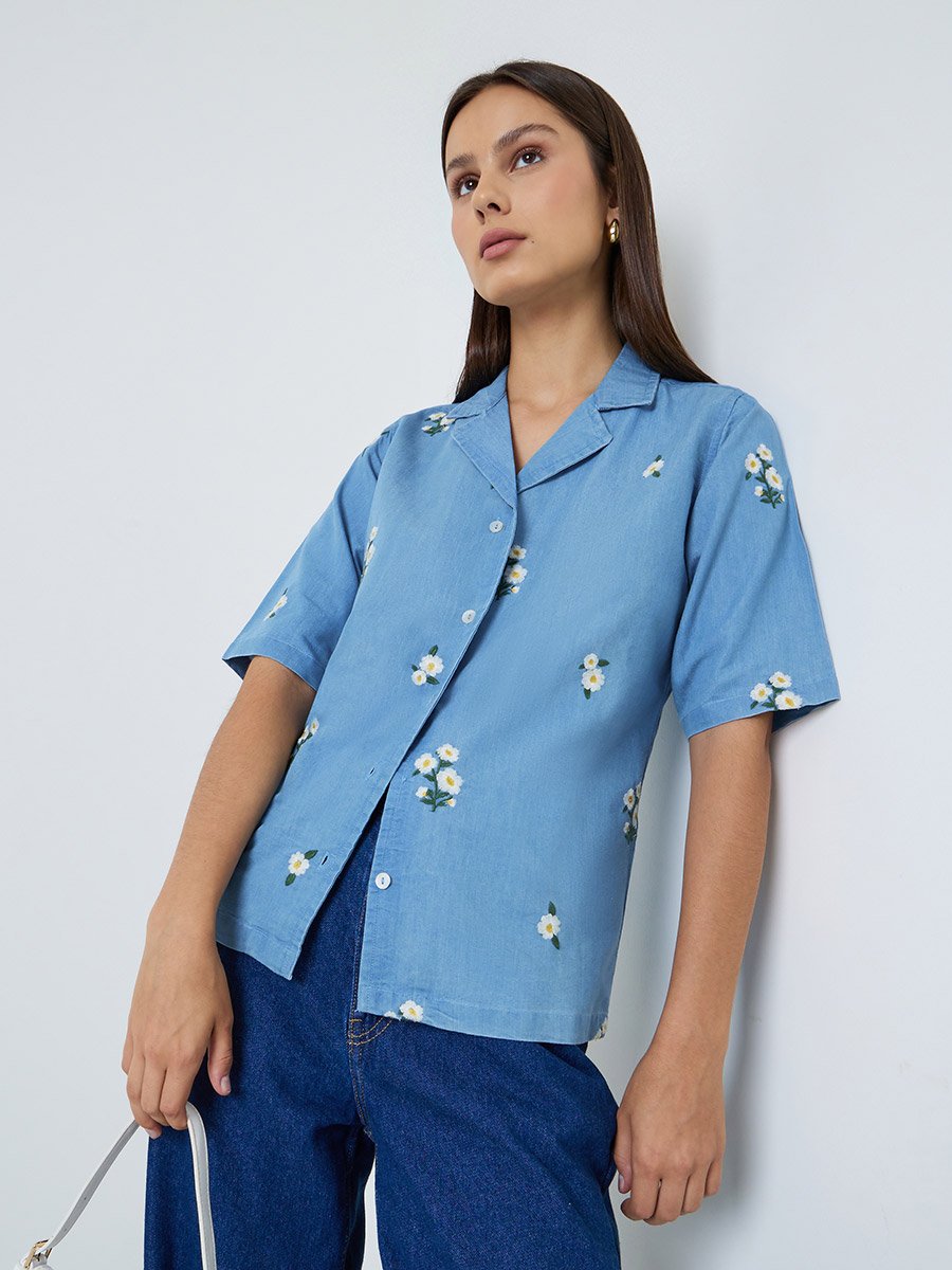 Light Blue Embroidered Daisy Denim Shirt