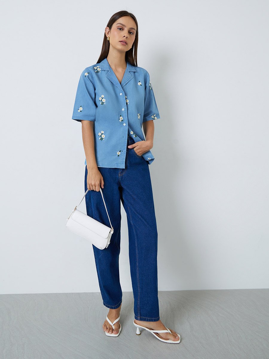 Light Blue Embroidered Daisy Denim Shirt
