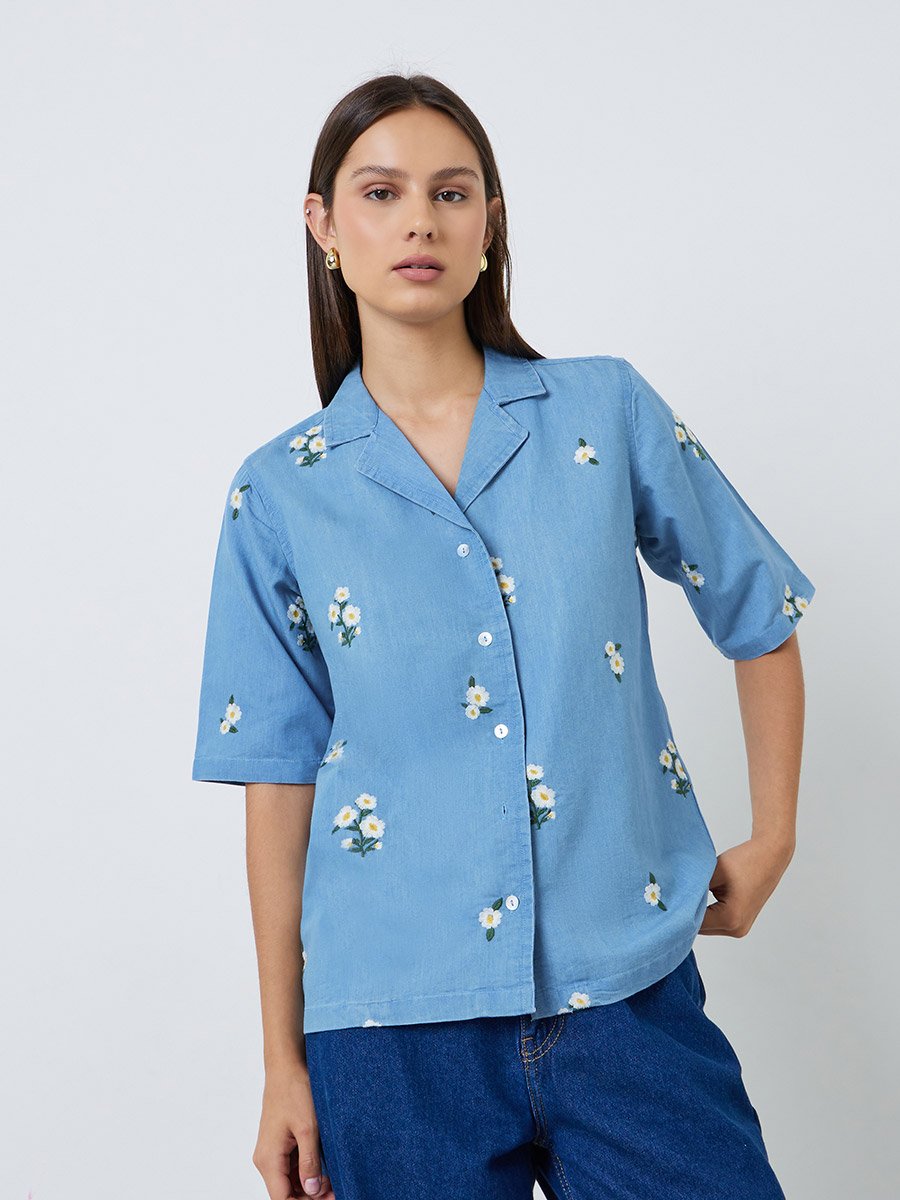Light Blue Embroidered Daisy Denim Shirt