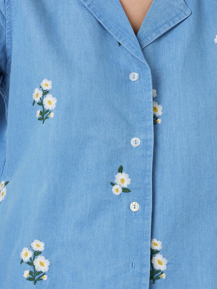 Light Blue Embroidered Daisy Denim Shirt