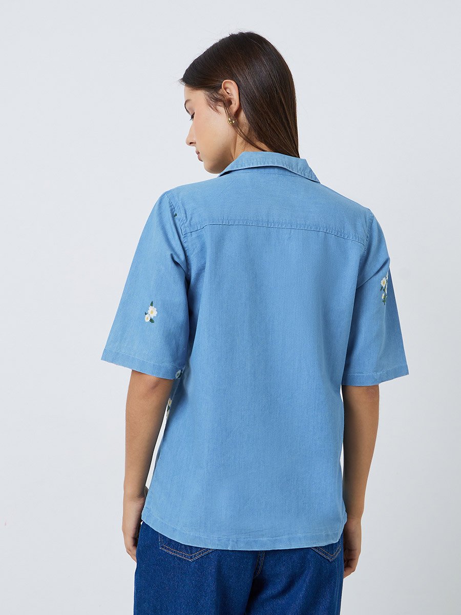 Light Blue Embroidered Daisy Denim Shirt