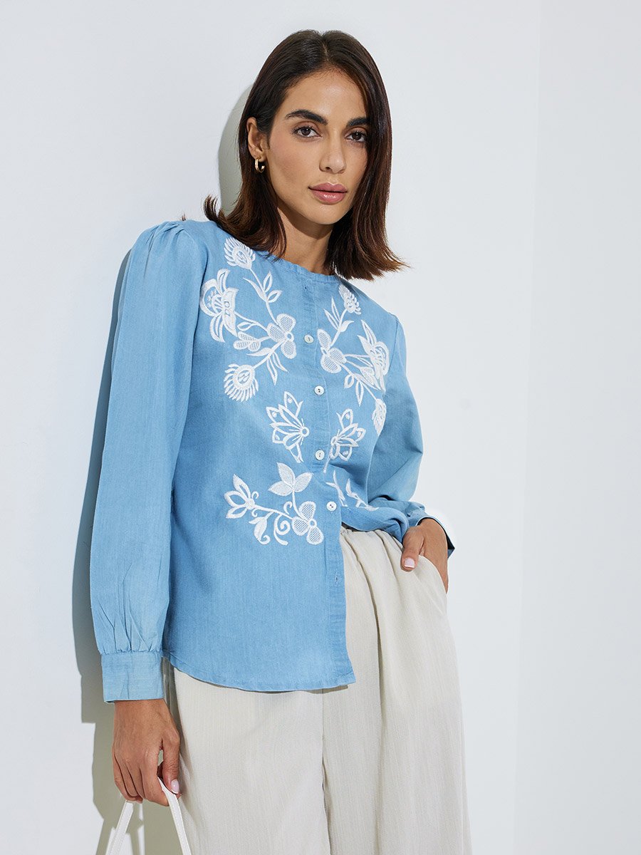 Light Blue Embroidered Long Sleeve Cotton Blouse