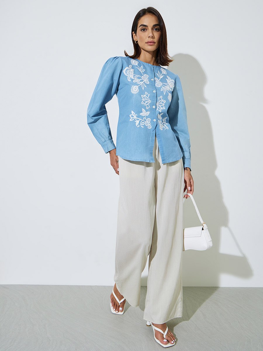 Light Blue Embroidered Long Sleeve Cotton Blouse