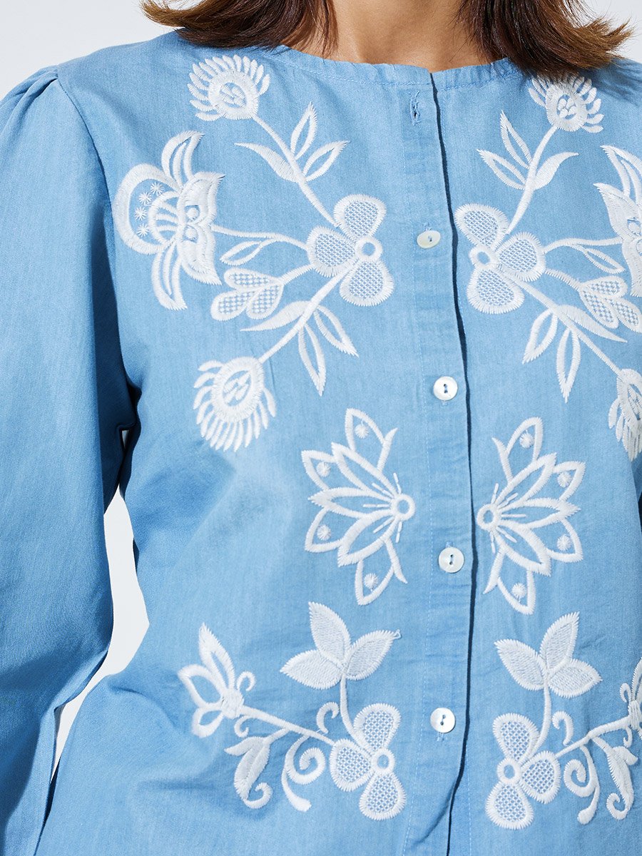 Light Blue Embroidered Long Sleeve Cotton Blouse