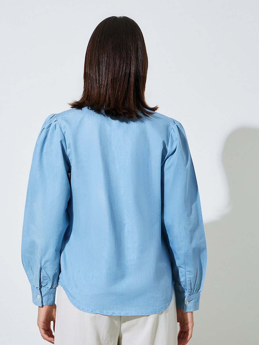 Light Blue Embroidered Long Sleeve Cotton Blouse