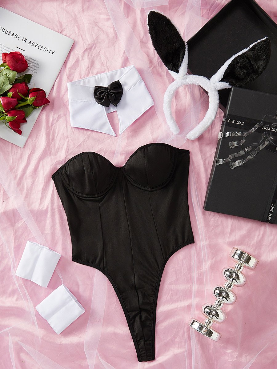 Pack of 5 - Solid Bodysuit, Bow Neck, Cuffs, Headband and Detachable Strap Set