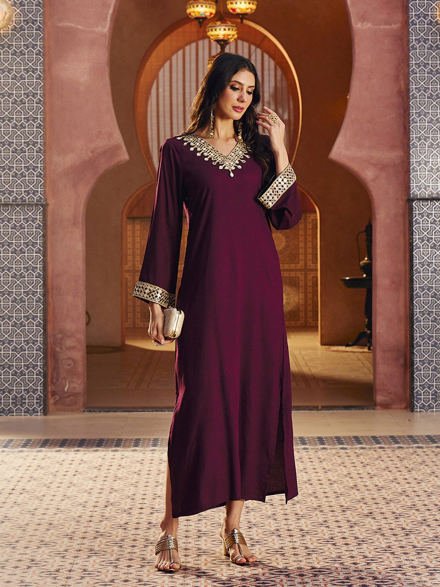 Burgundy Rayon Mirror-Work Abaya Dress