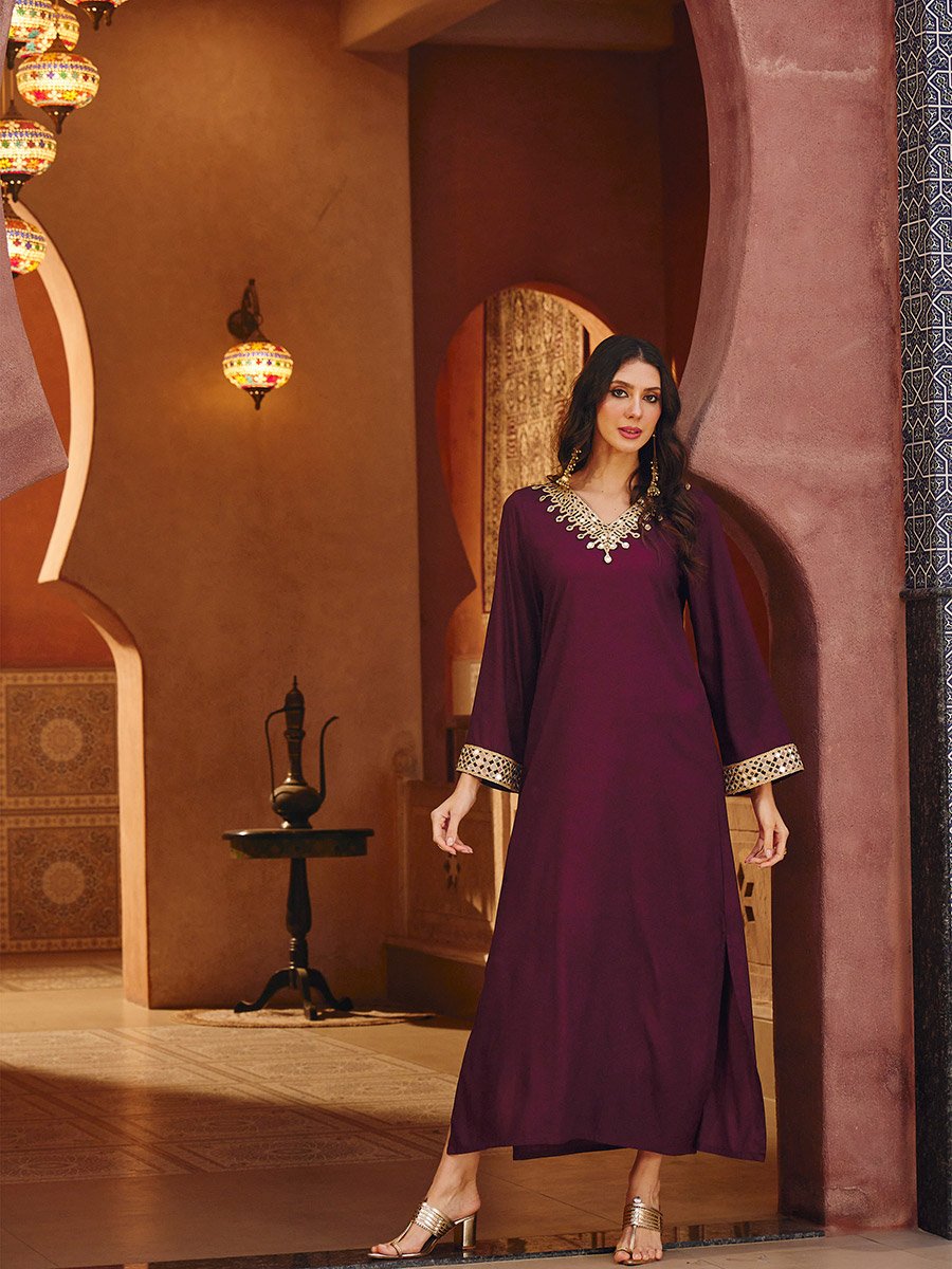 Burgundy Rayon Mirror-Work Abaya Dress