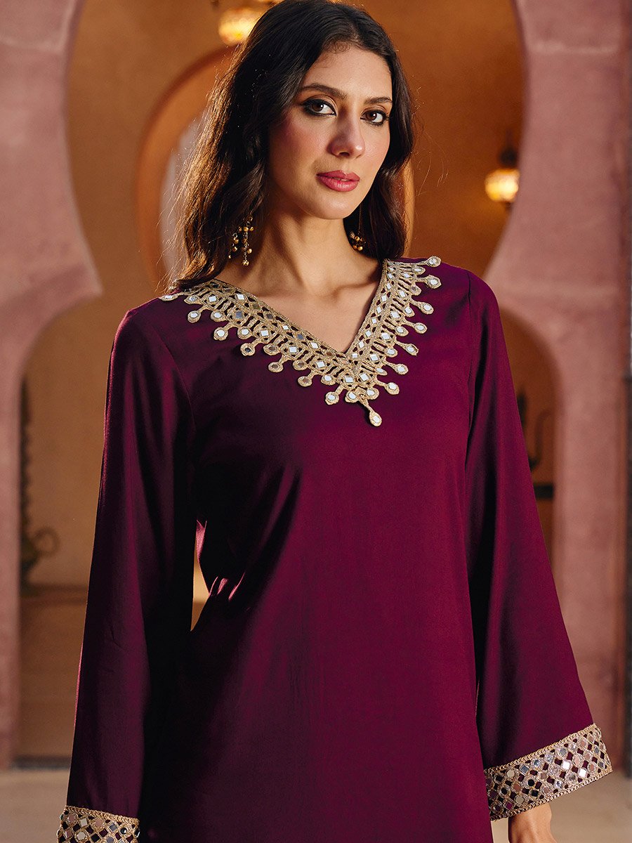 Burgundy Rayon Mirror-Work Abaya Dress
