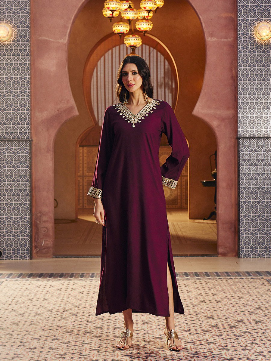 Burgundy Rayon Mirror-Work Abaya Dress