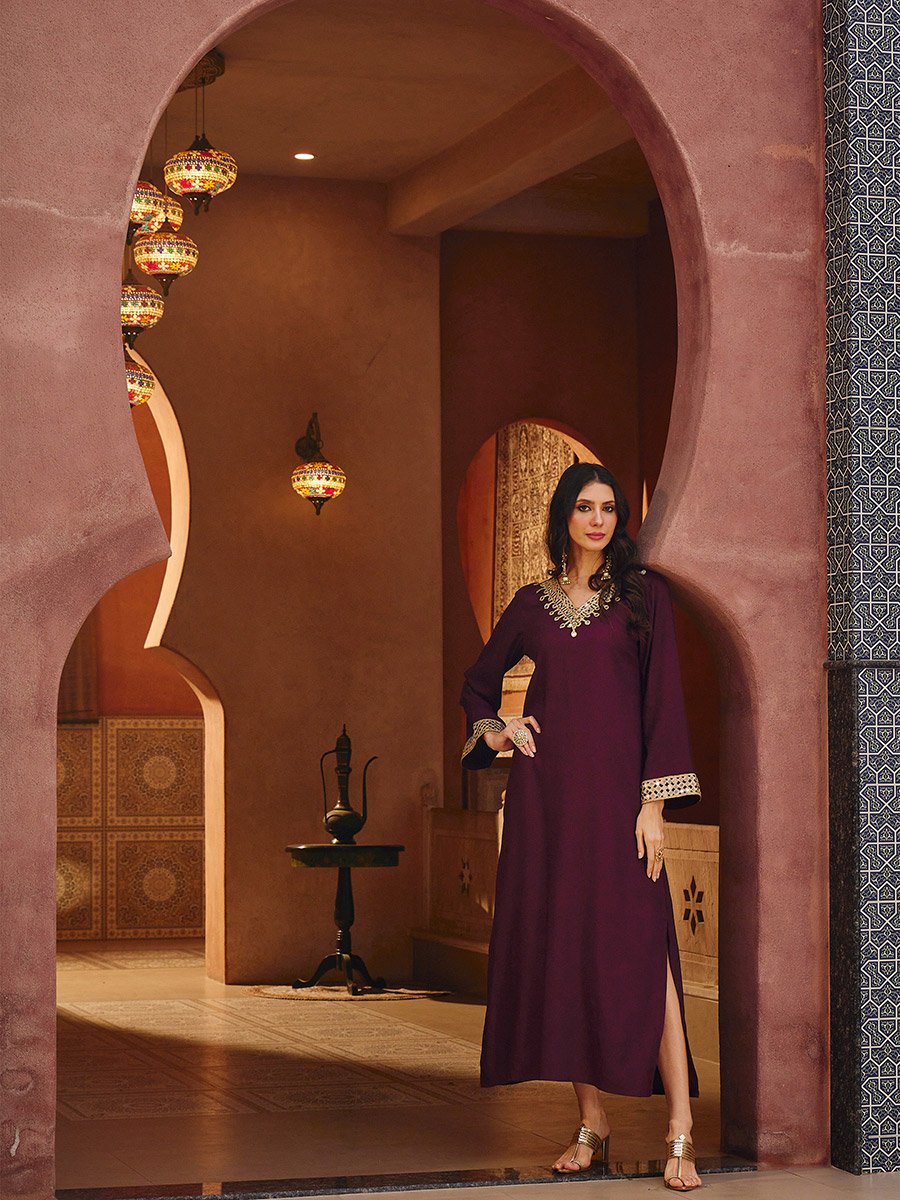 Burgundy Rayon Mirror-Work Abaya Dress