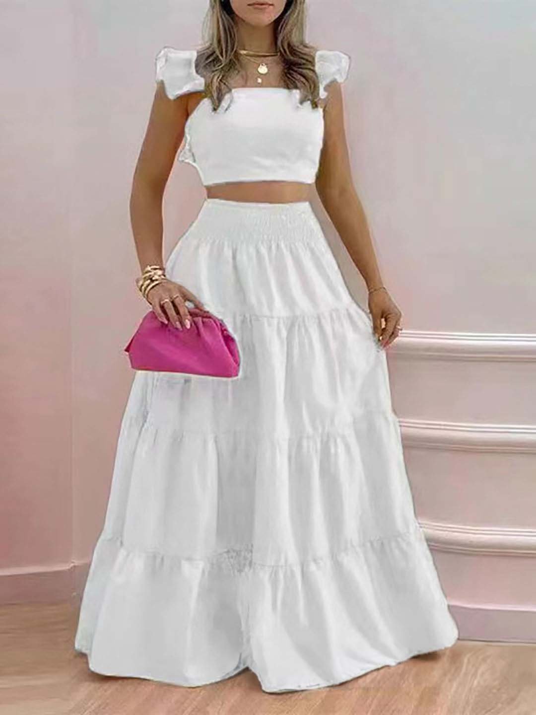 White Crop Top and Tiered Skirt Co-Ords