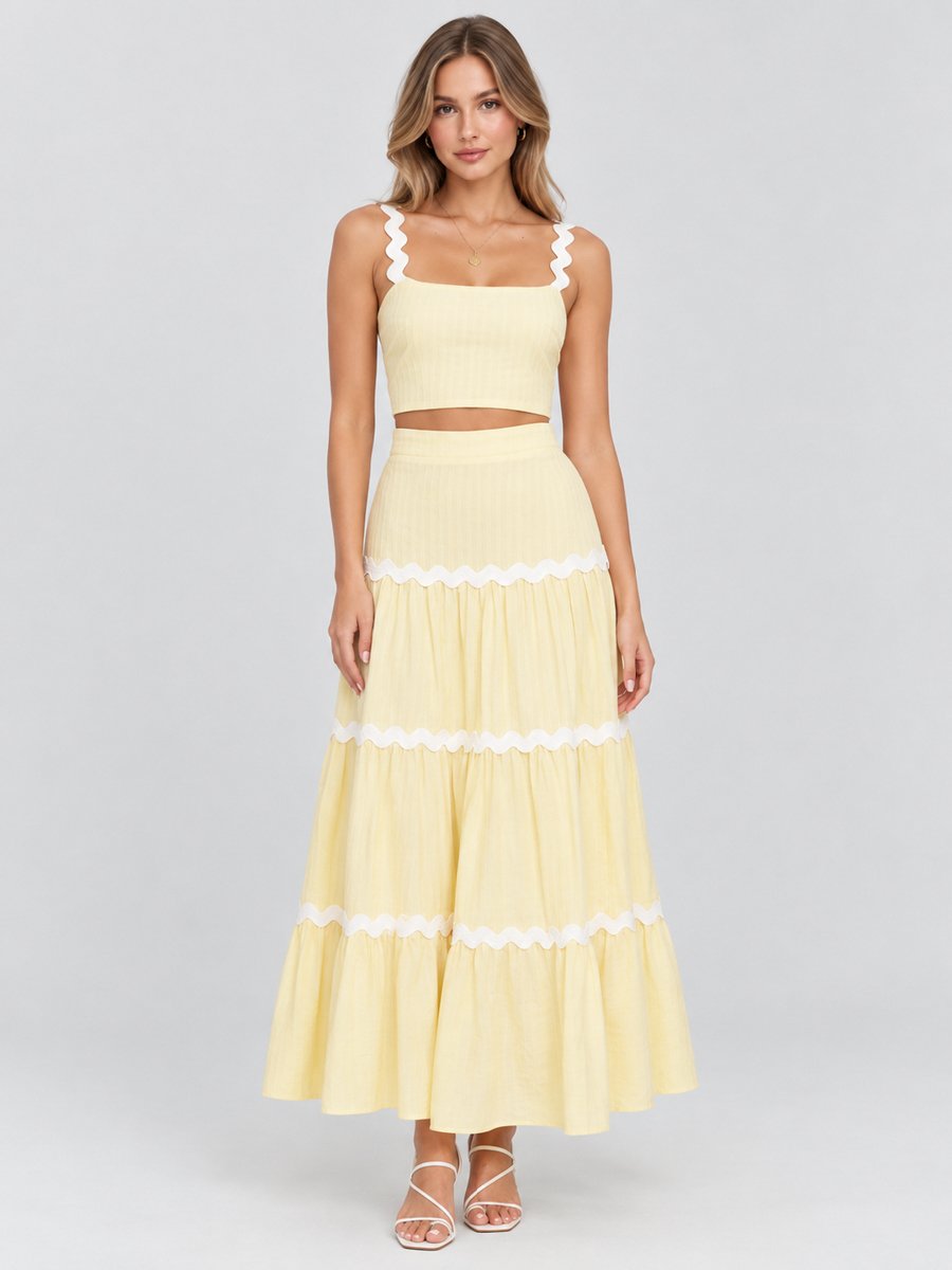 Yellow Rick-Rack Trim Crop Top and Skirt Co-Ords