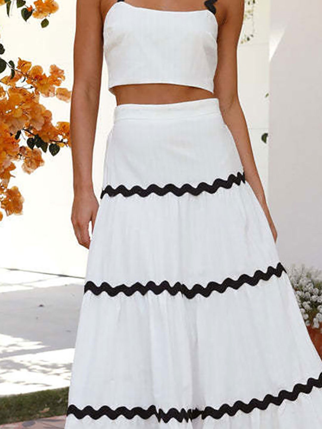 White Rick-Rack Trim Crop Top and Skirt Co-Ords