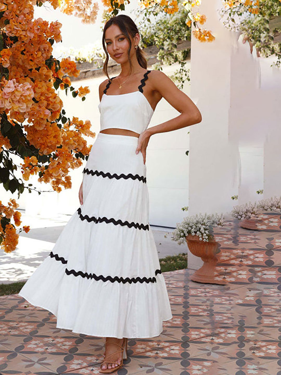White Rick-Rack Trim Crop Top and Skirt Co-Ords