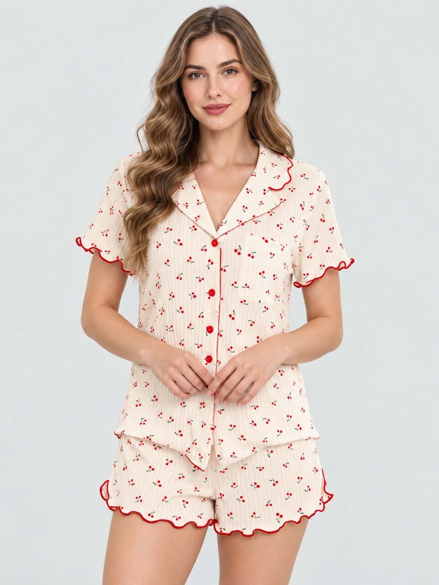 Cream Cherry Print Shirt and Shorts Set