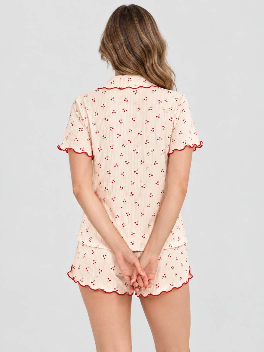 Cream Cherry Print Shirt and Shorts Set