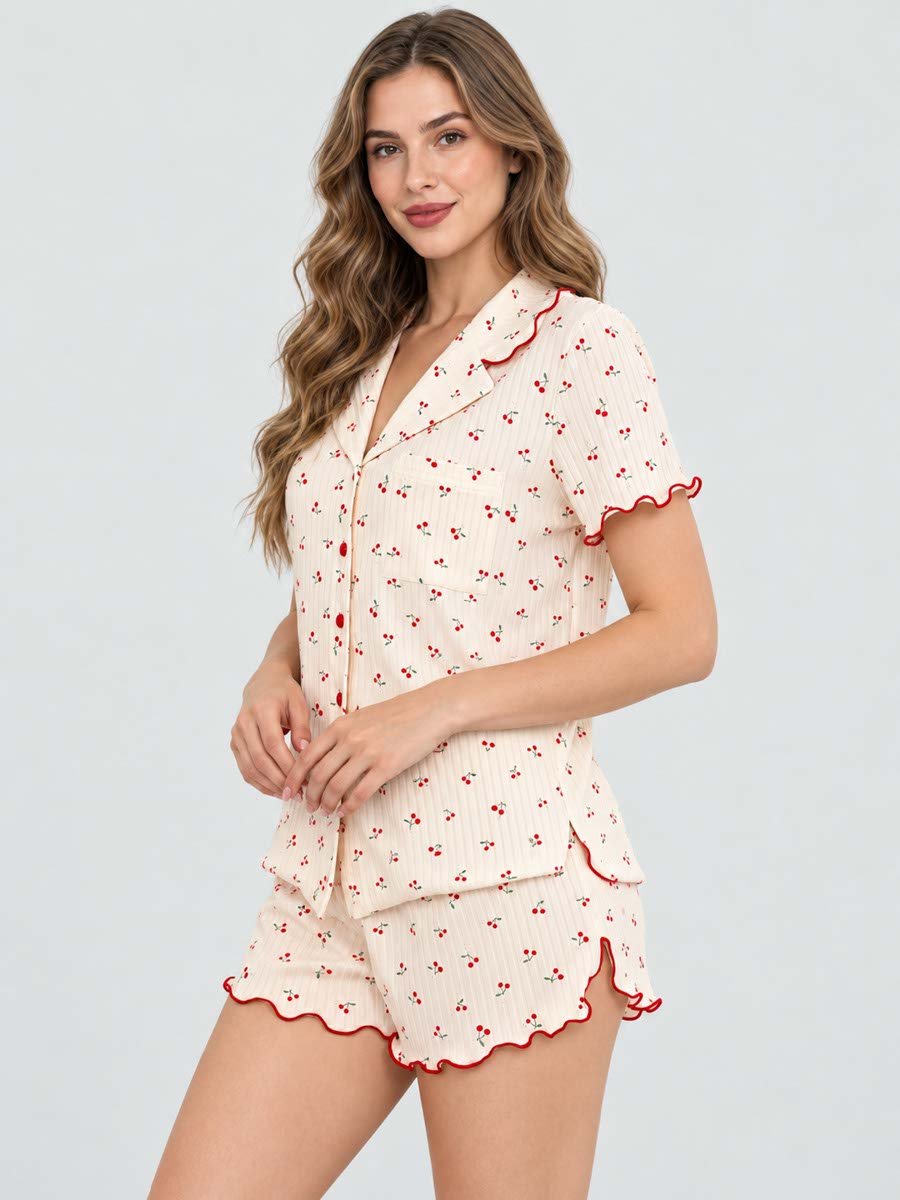 Cream Cherry Print Shirt and Shorts Set
