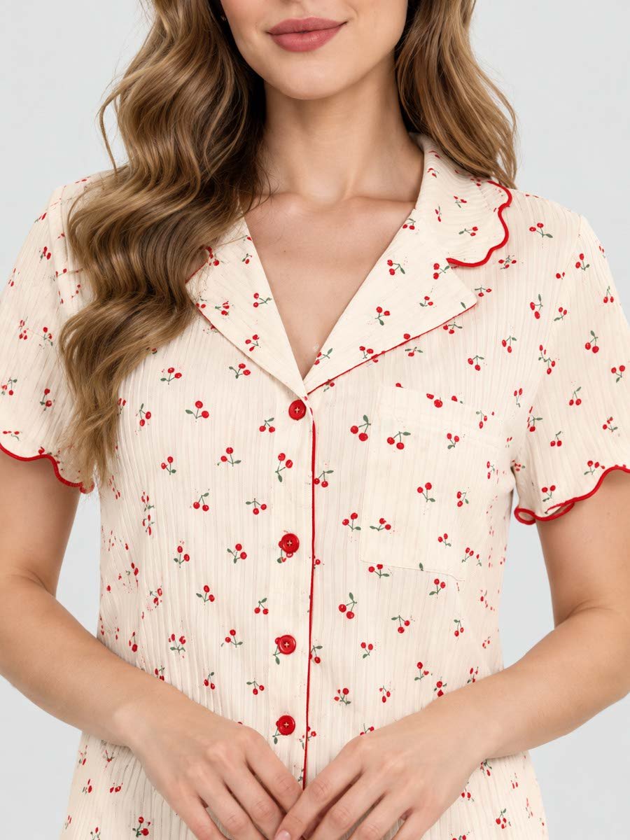 Cream Cherry Print Shirt and Shorts Set