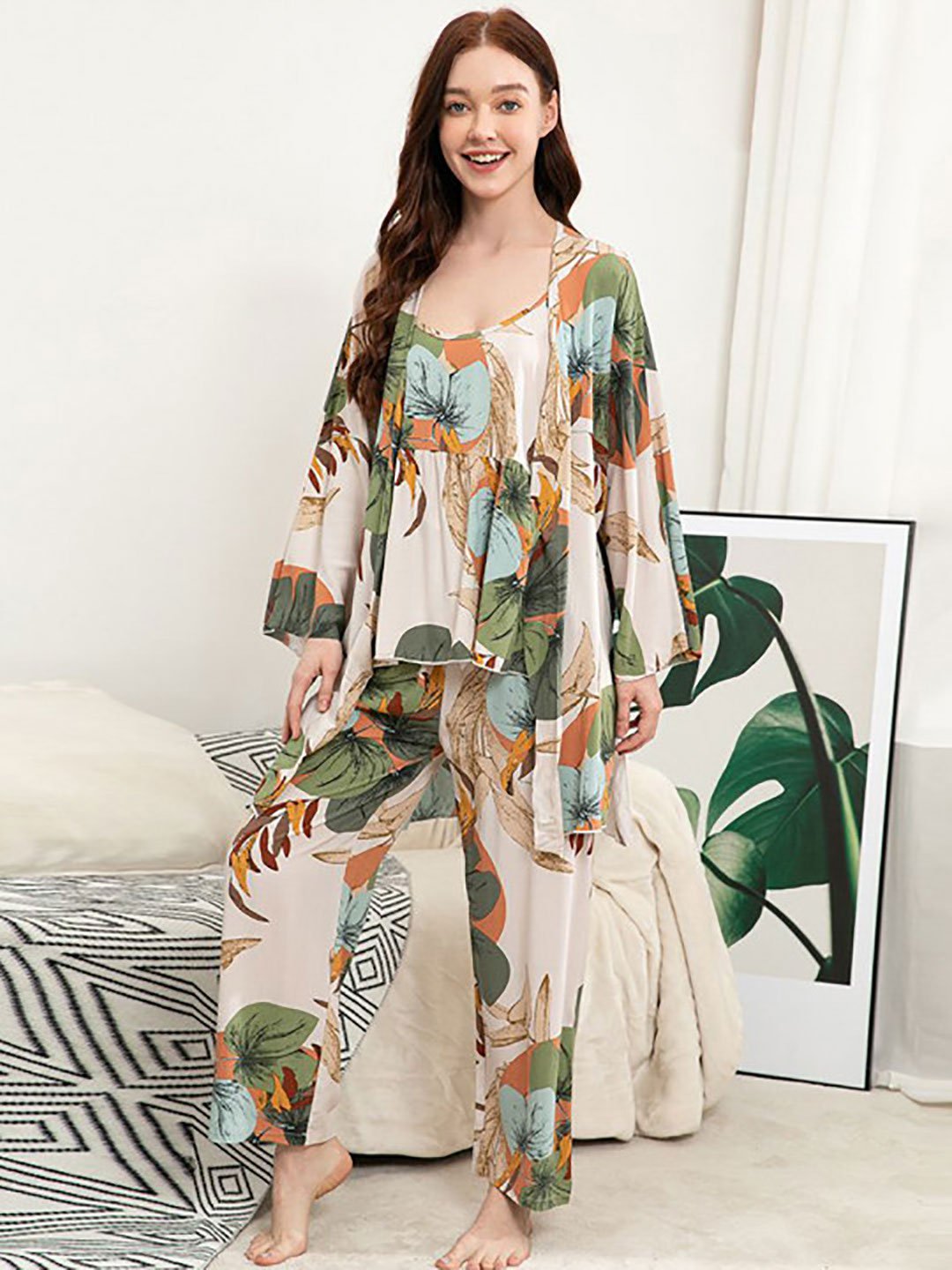 Pack of 3 - Tropical Print Cami, Robe and Pyjama Set