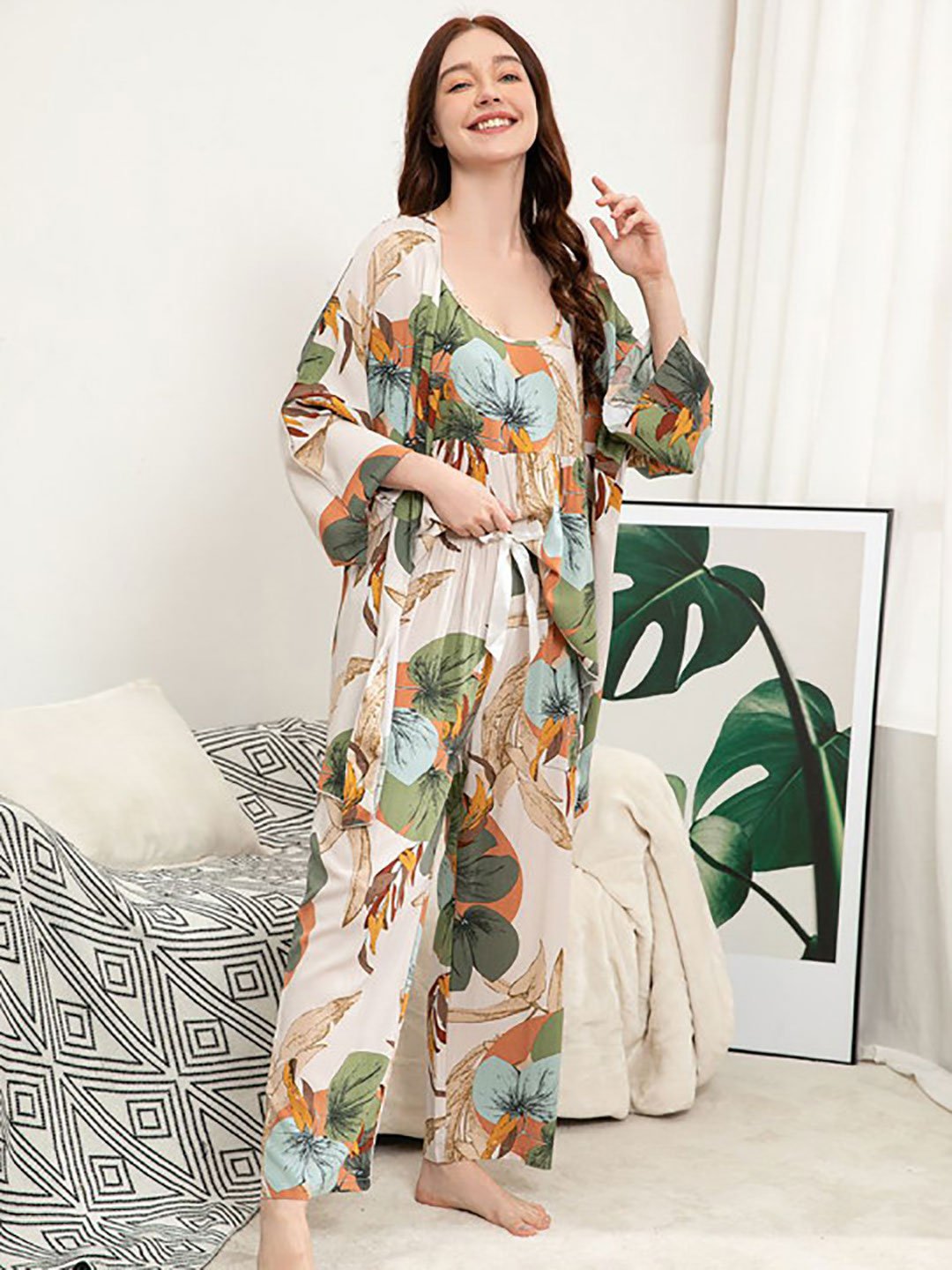 Pack of 3 - Tropical Print Cami, Robe and Pyjama Set