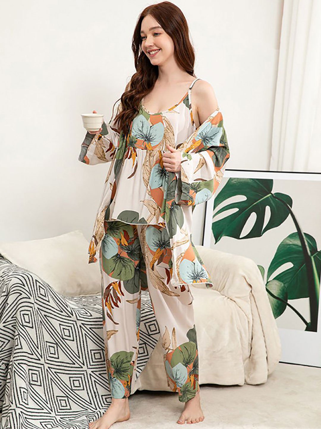 Pack of 3 - Tropical Print Cami, Robe and Pyjama Set