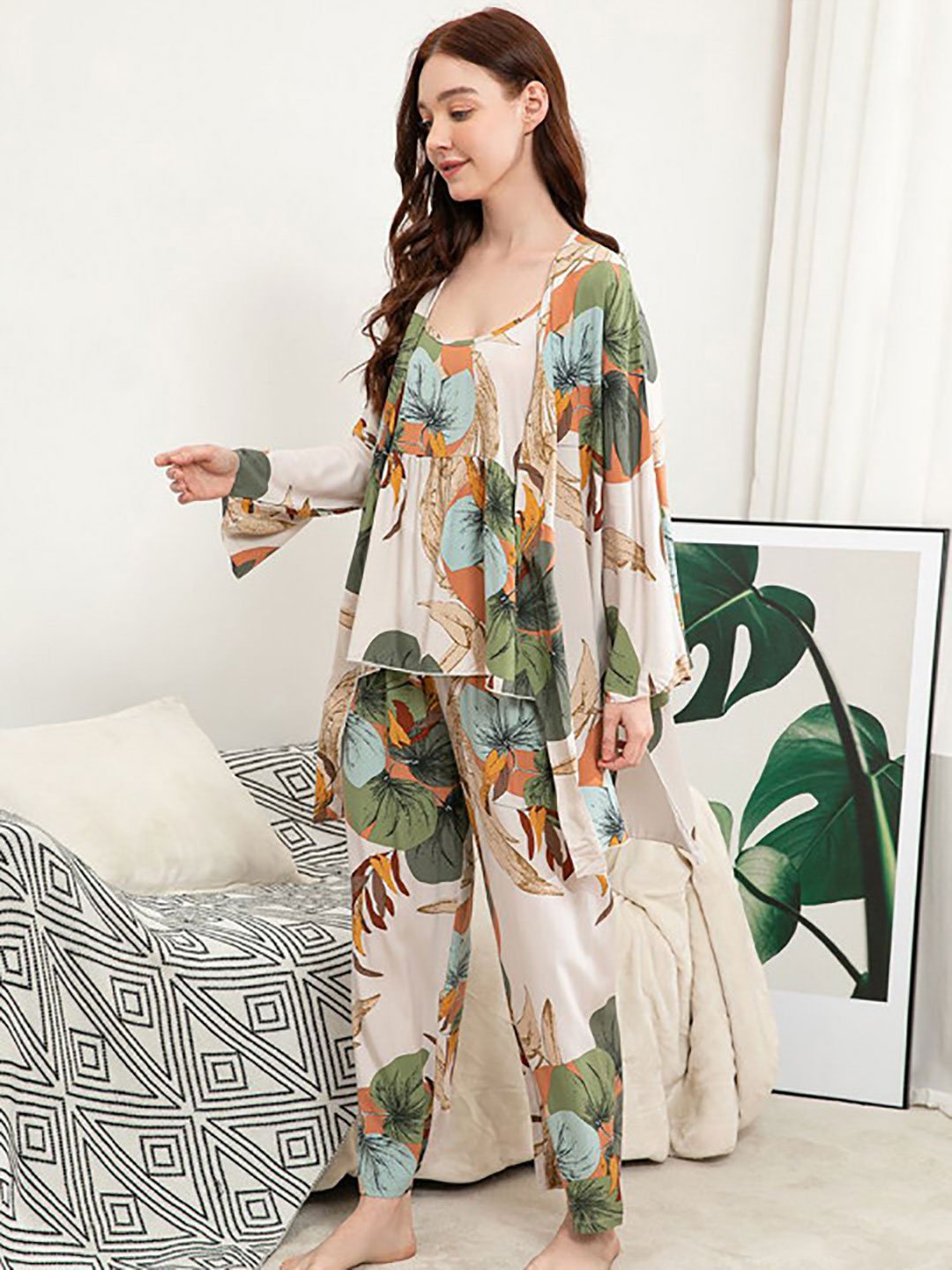 Pack of 3 - Tropical Print Cami, Robe and Pyjama Set