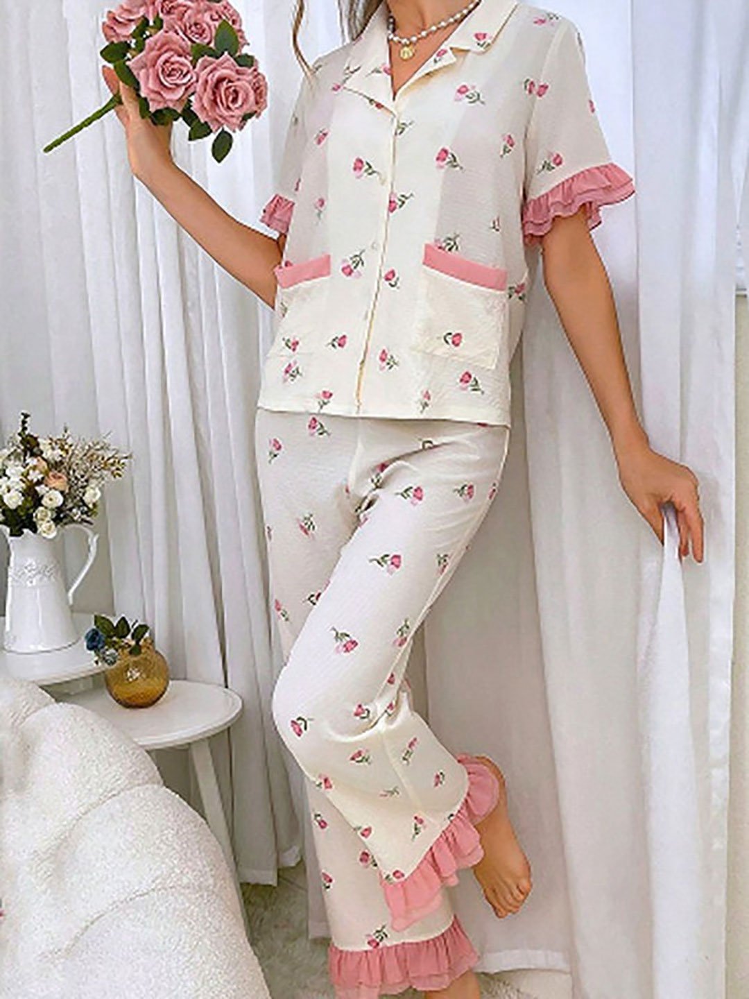 White Floral Print Shirt and Pyjama Set