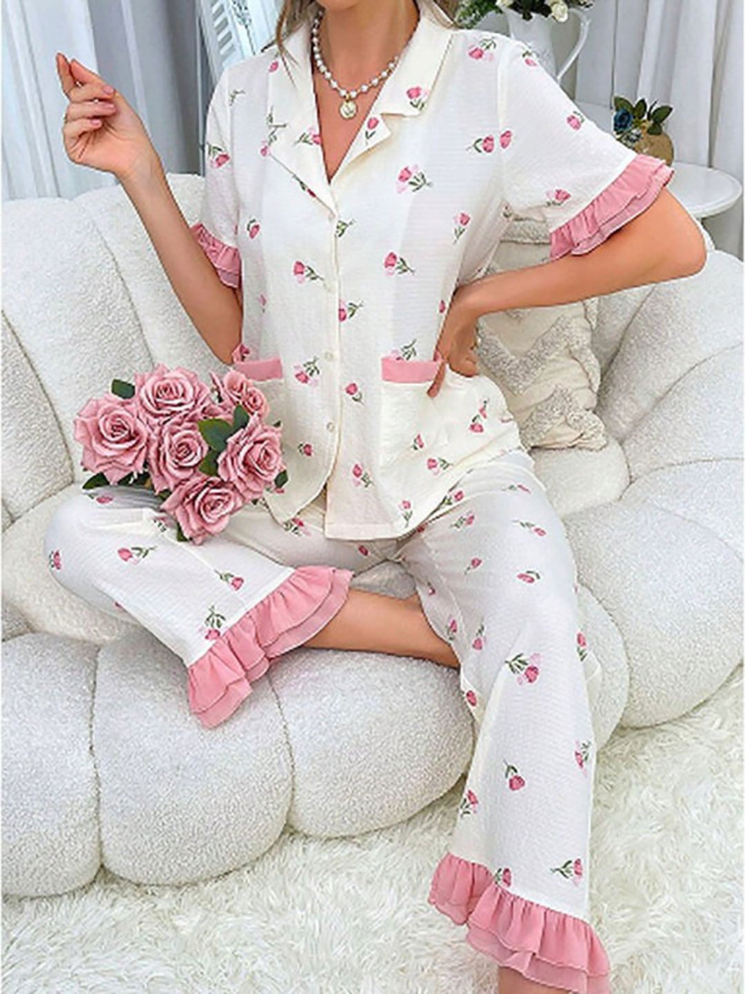 White Floral Print Shirt and Pyjama Set