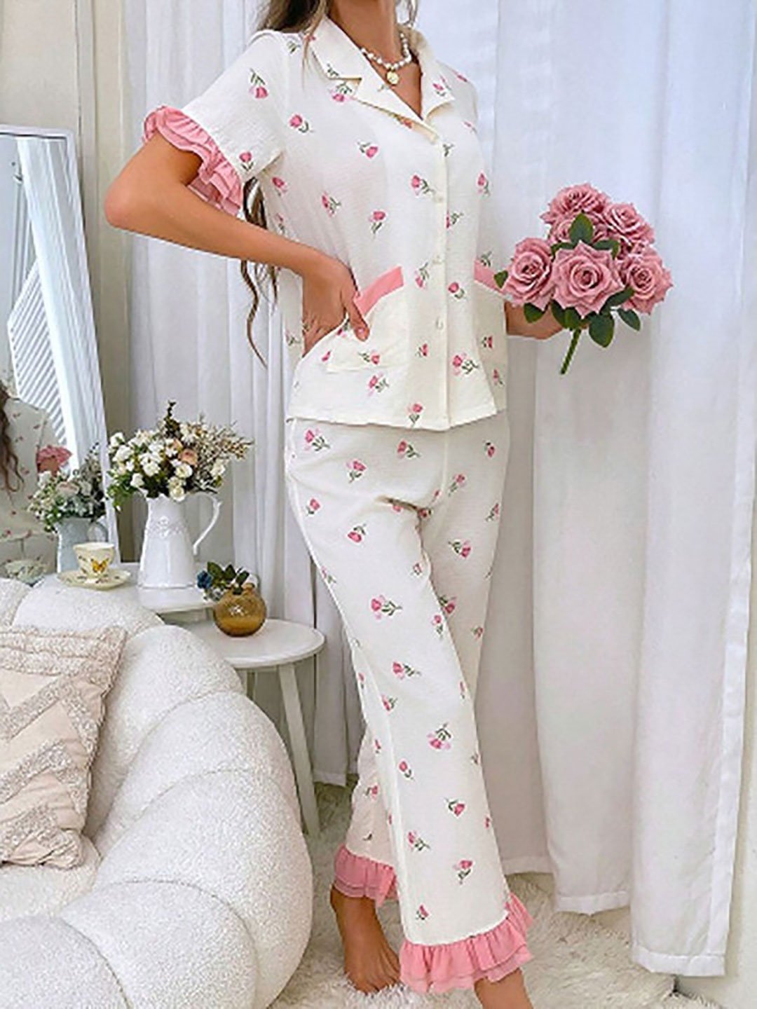 White Floral Print Shirt and Pyjama Set