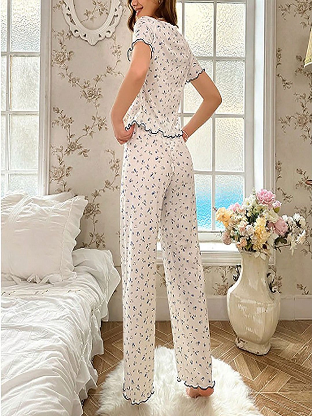 White Floral Print Top and Pyjama Set