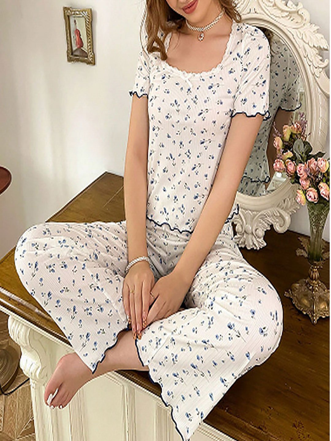 White Floral Print Top and Pyjama Set