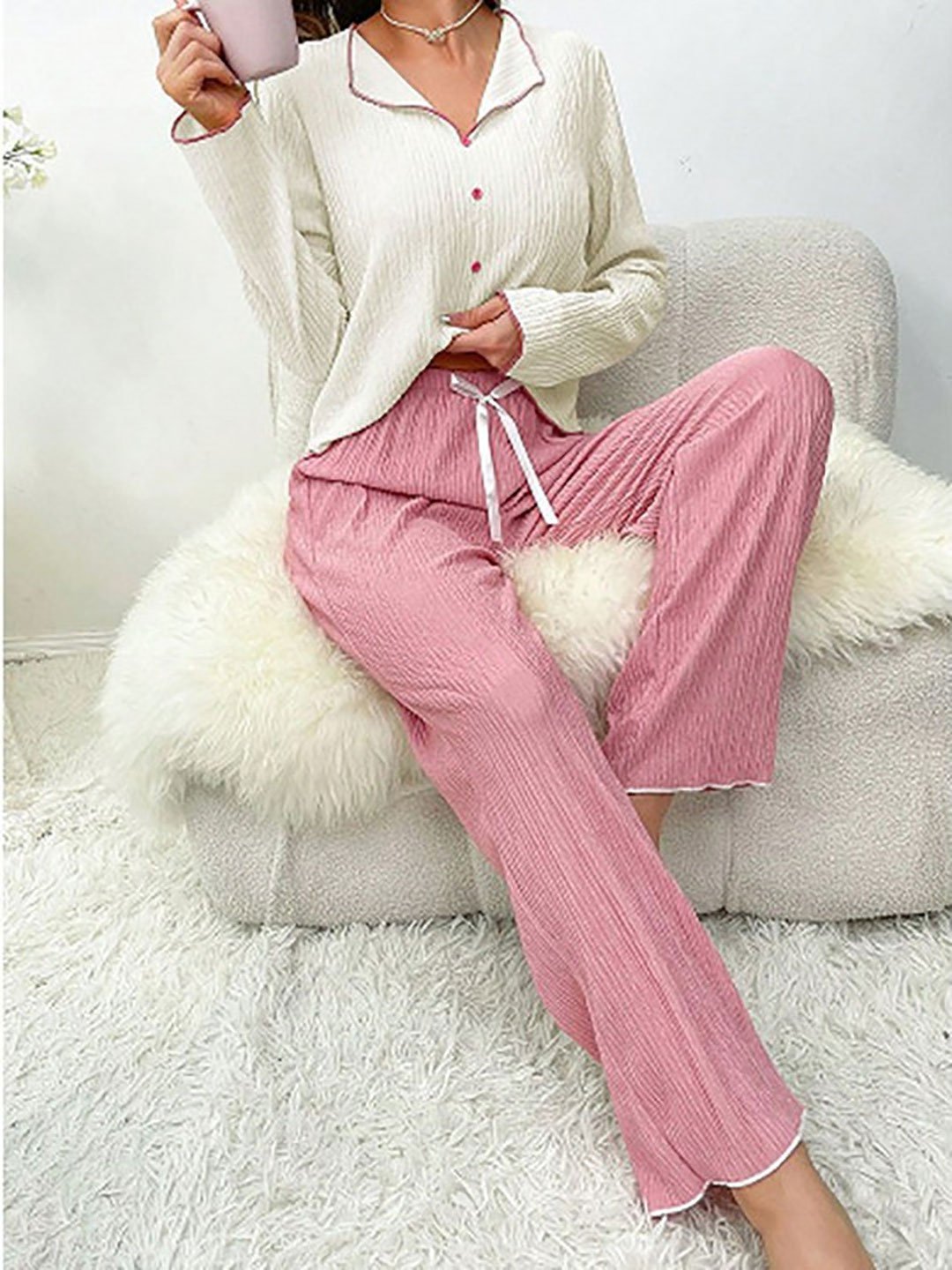 Ribbed Lounge Buttoned Shirt and Pyjama Set