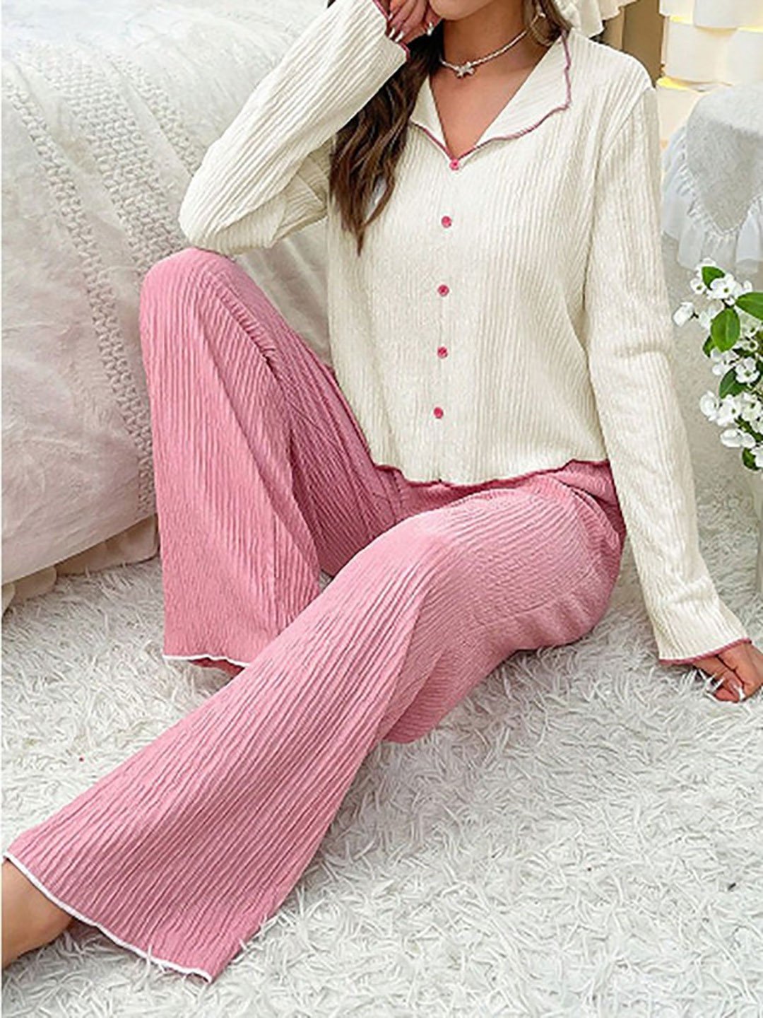 Ribbed Lounge Buttoned Shirt and Pyjama Set
