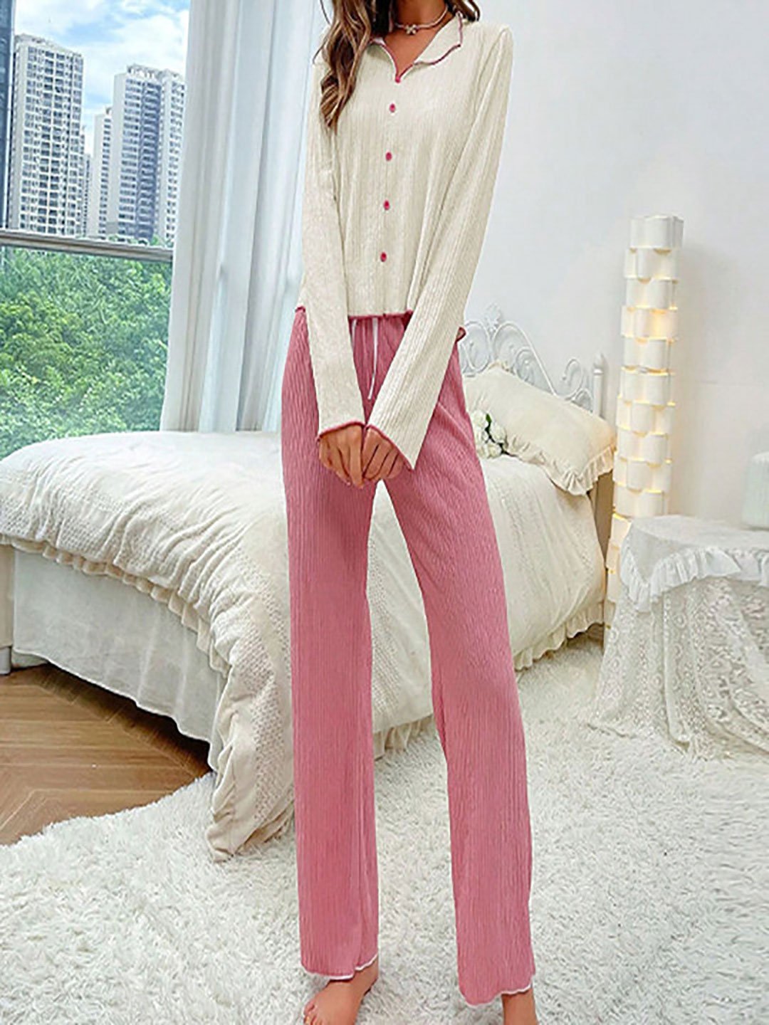Ribbed Lounge Buttoned Shirt and Pyjama Set