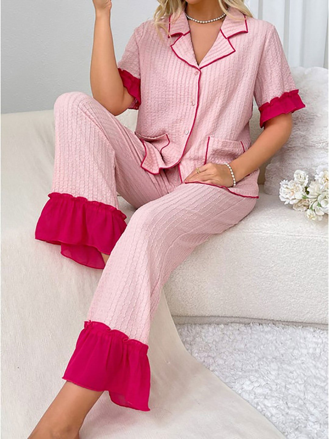 Pink Ruffle Trim Shirt and Pyjama Set
