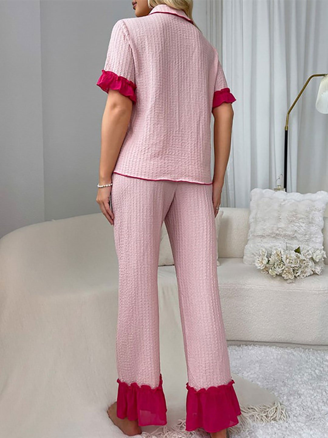 Pink Ruffle Trim Shirt and Pyjama Set