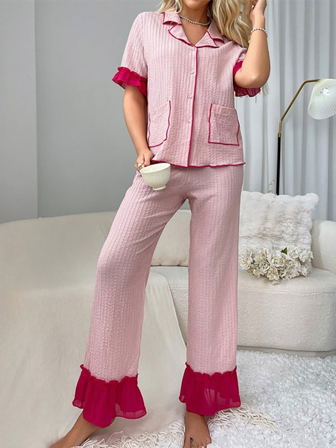 Pink Ruffle Trim Shirt and Pyjama Set