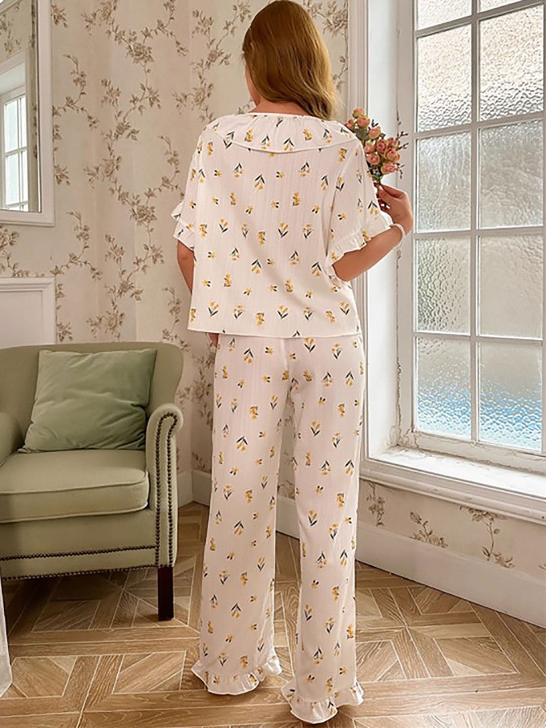 White Floral Print Top and Pyjama Set